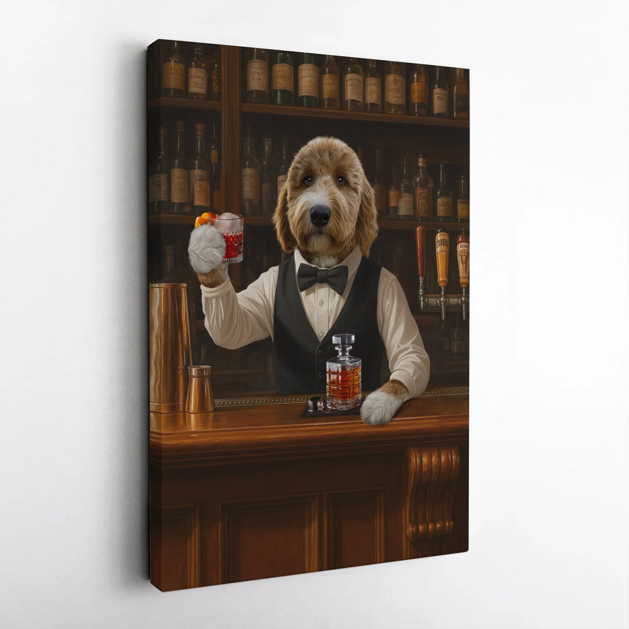 Goldendoodle Bartender Wall Art | Whimsical Dog Cocktail Print | Premium Gallery Wrap Canvas | Unique Gift For Dog Lovers And Bar Decor