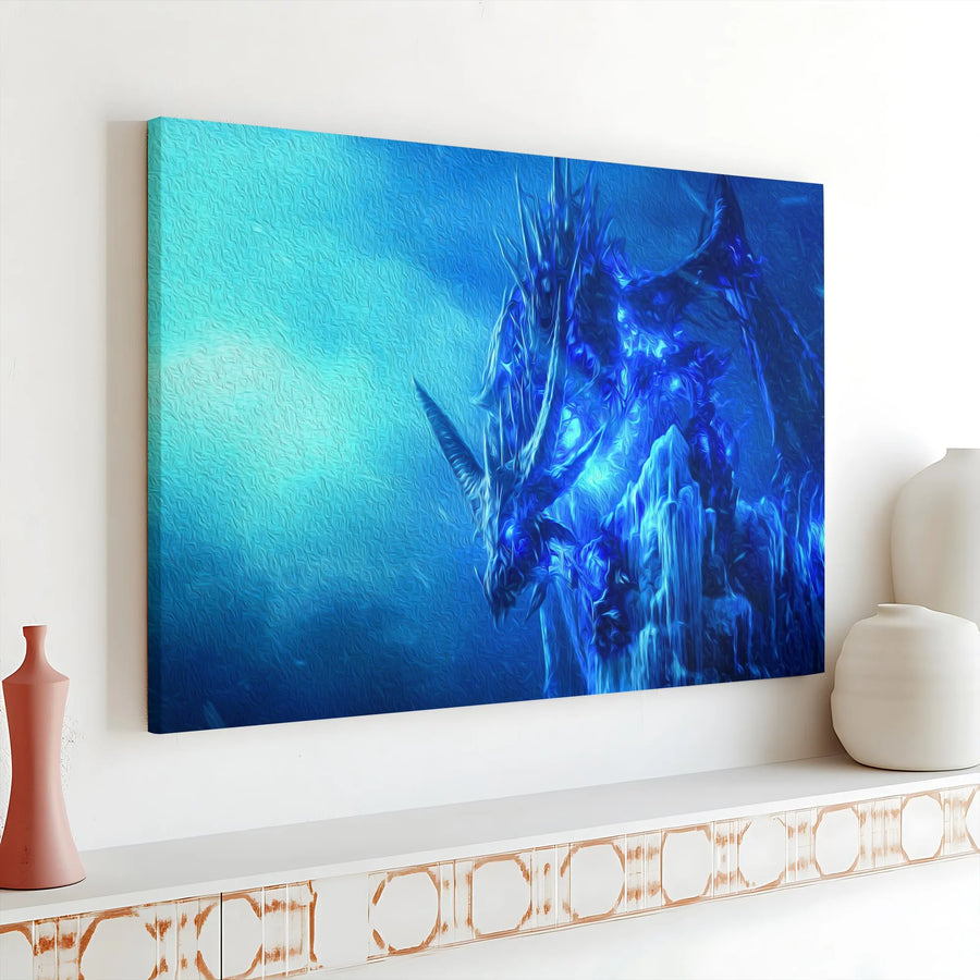 Blue Ice Dragon Canvas Wall Art | Glowing Fantasy Creature Illustration | Premium Gallery Wrapped Decor | Gift For Gamer Or Dragon Lover