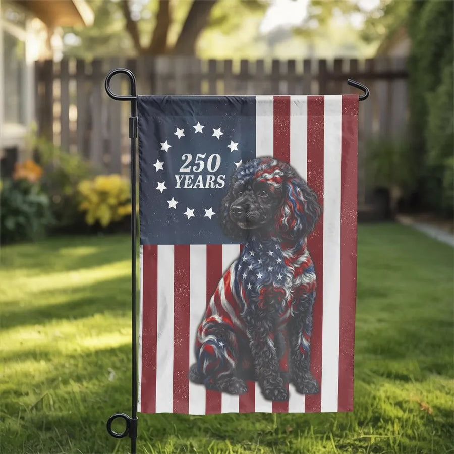 Patriotic Poodle Garden Flag | 250 Years US Semi-Quincentennial Celebration | Double Sided Premium Outdoor Polyester | USA Pride Yard Decor Gift for Dog Lovers