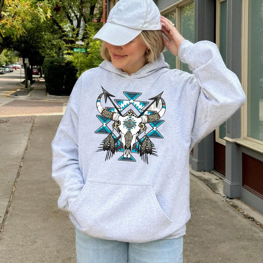 Western Bull Skull Hoodie | Geometric Leopard Print Arrows Design | Soft Cotton-Blend Premium Quality | Southwestern Style Gift For Her