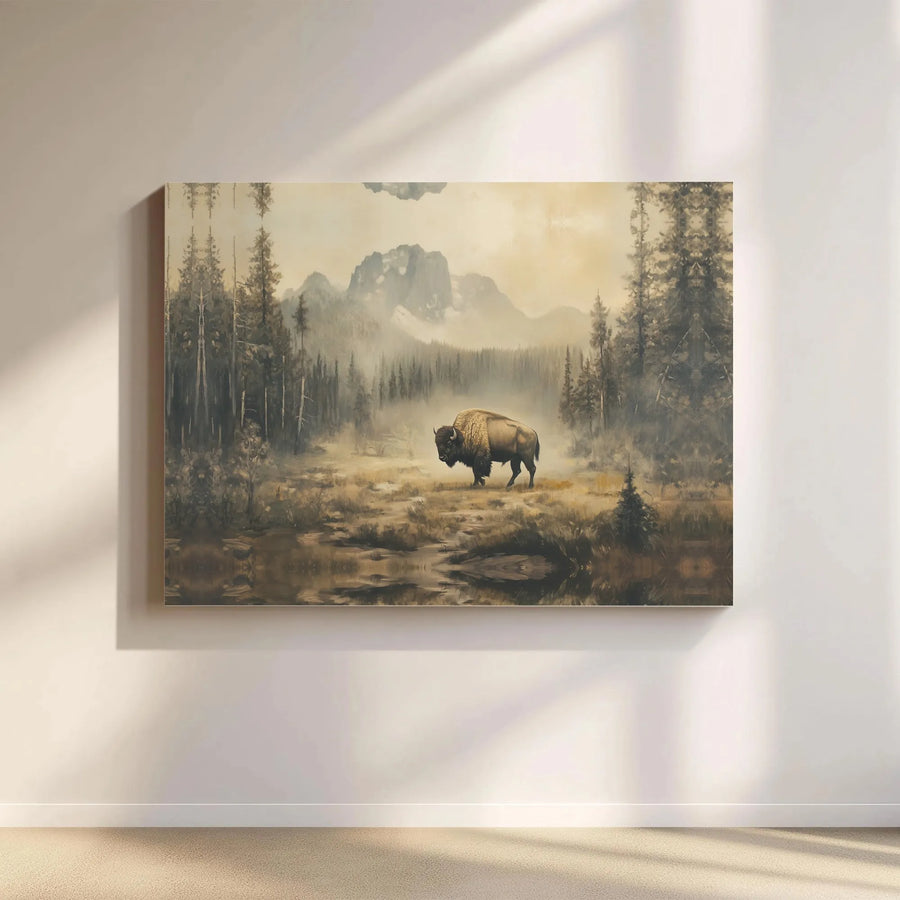 American Bison Canvas Art | Misty Mountain Forest Landscape | Premium 1.25 Inch Gallery Wrap | Rustic Nature Wall Decor for Living Room