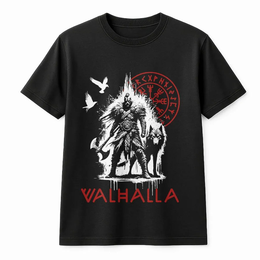 Viking Valhalla T-Shirt | Norse Compass, Wolf & Raven Graphic | Premium Cotton Blend Pullover | Gift for Men, Nordic Mythology Apparel
