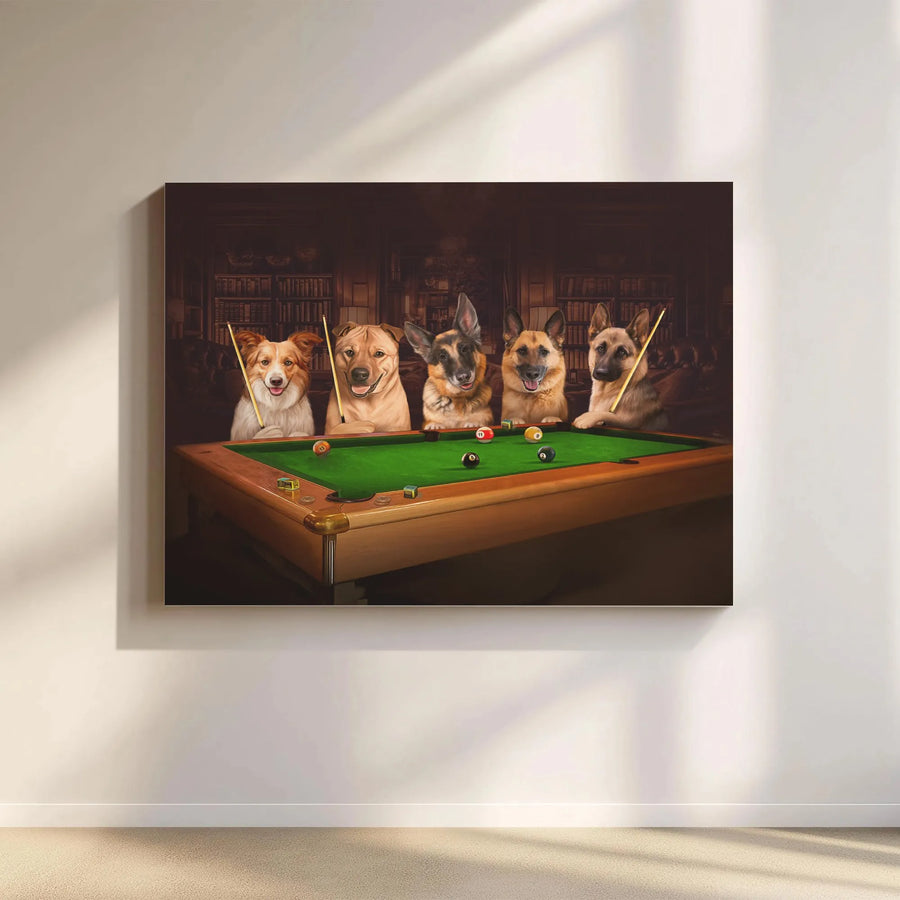 Dogs Playing Pool Canvas Print | Whimsical Billiards Room Wall Art | Premium Gallery Wrapped Decor | Unique Dog Lover Gift