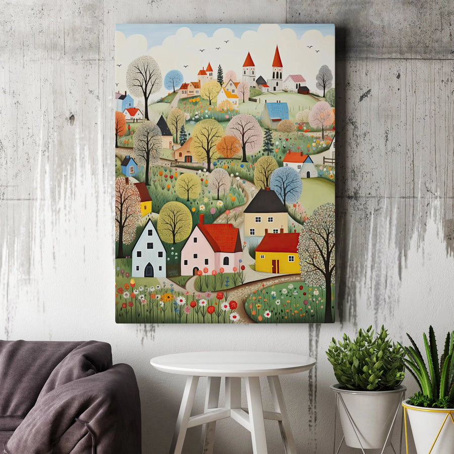 Whimsical Village Canvas Print | Colorful Folk Art Landscape | Premium Wall Art | Modern Home & Living Room Decor Gift