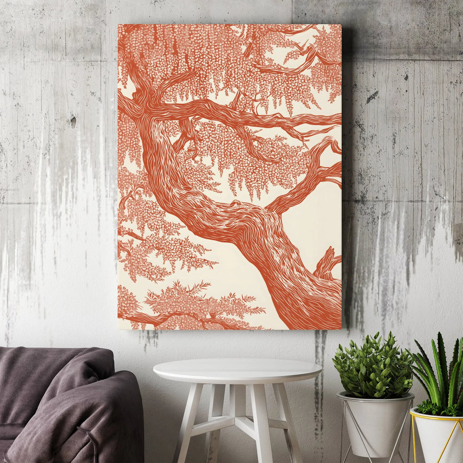 Wisteria Tree Canvas Wall Art | Botanical Linocut Style Illustration | Premium Gallery Wrapped Print | Nature Inspired Home Decor Gift