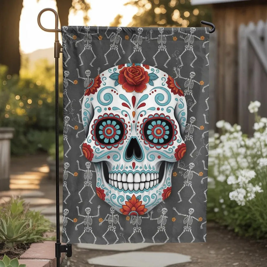 Sugar Skull Garden Flag | Floral Calavera & Dancing Skeletons | Weather Resistant Double Sided Banner | Outdoor Yard Decor Gift for Dia De Los Muertos