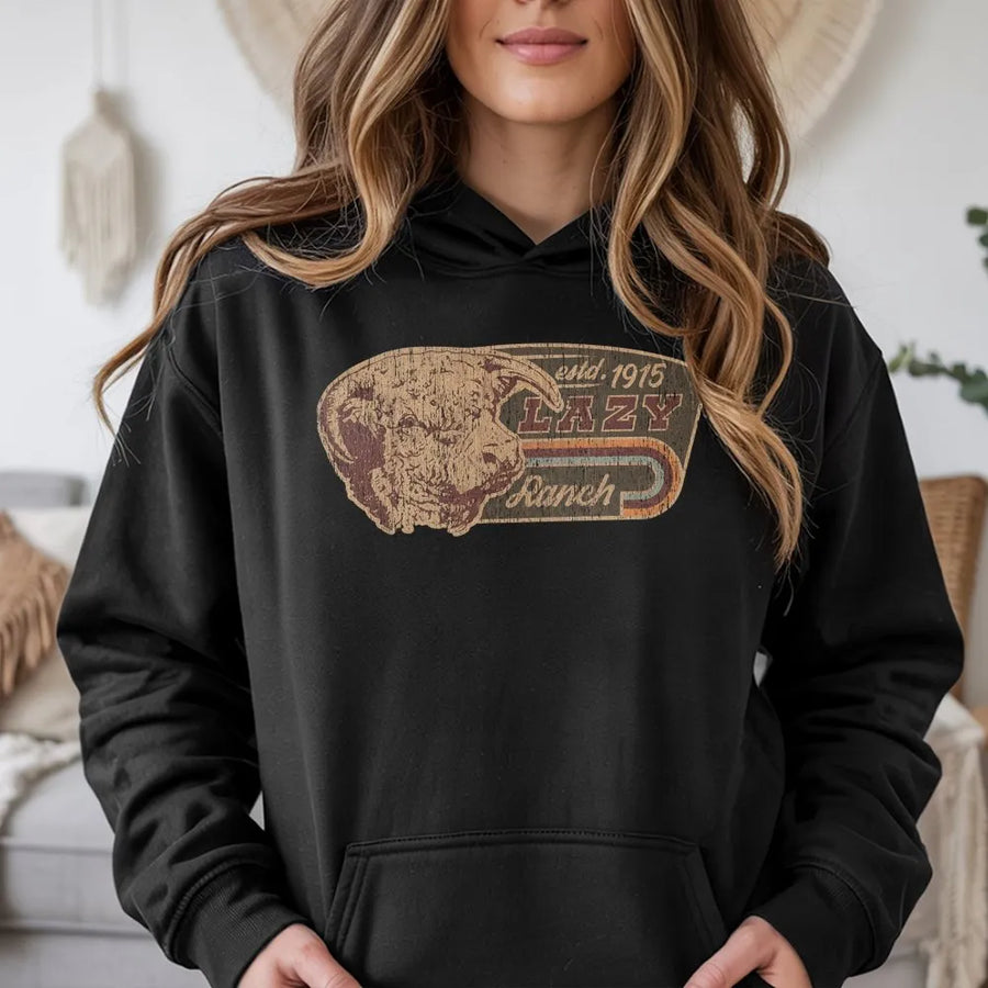 Lazy Ranch Hoodie | Vintage 1915 Cow Graphic | Premium Cotton Blend | Rustic Western Gift For Him And Her