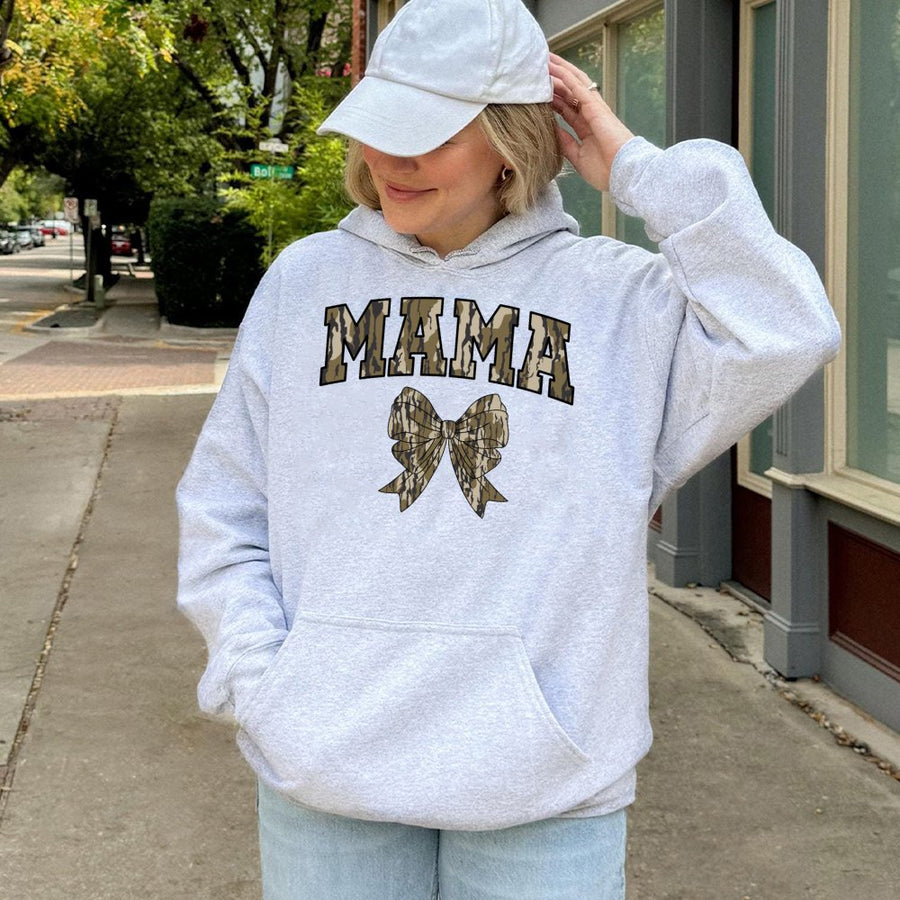 Camo Mama Hoodie | Trendy Bow Graphic Sweatshirt | Cotton-Polyester Blend | Gift For Outdoorsy Mom And Country Girl