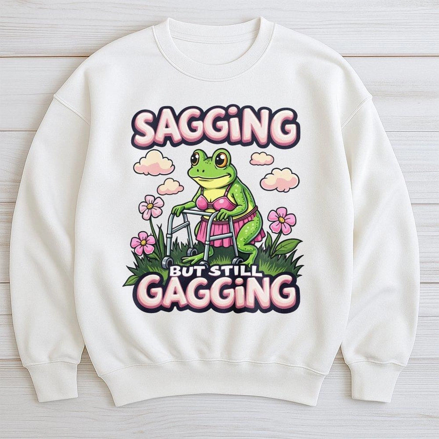 Sagging But Still Gagging Sweatshirt | Funny Frog With Walker Graphic | Premium Unisex Crewneck | Sarcastic Humor Gift For Friends