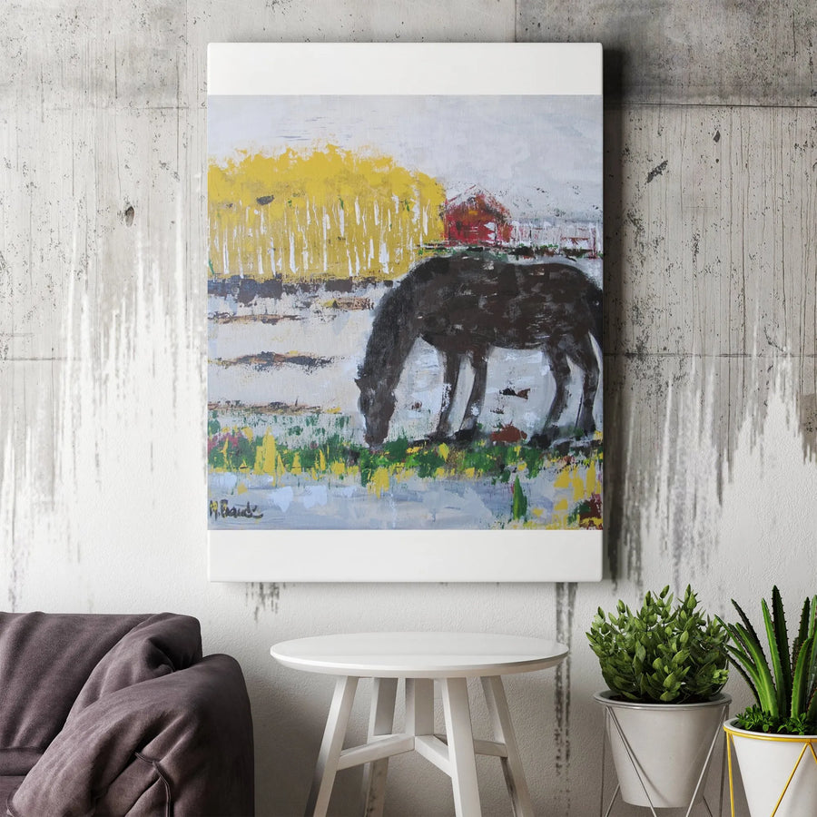 Abstract Horse Canvas Art | Dark Horse Painting with Red Barn | Premium Gallery Quality Canvas | Equestrian Farmhouse Decor Gift