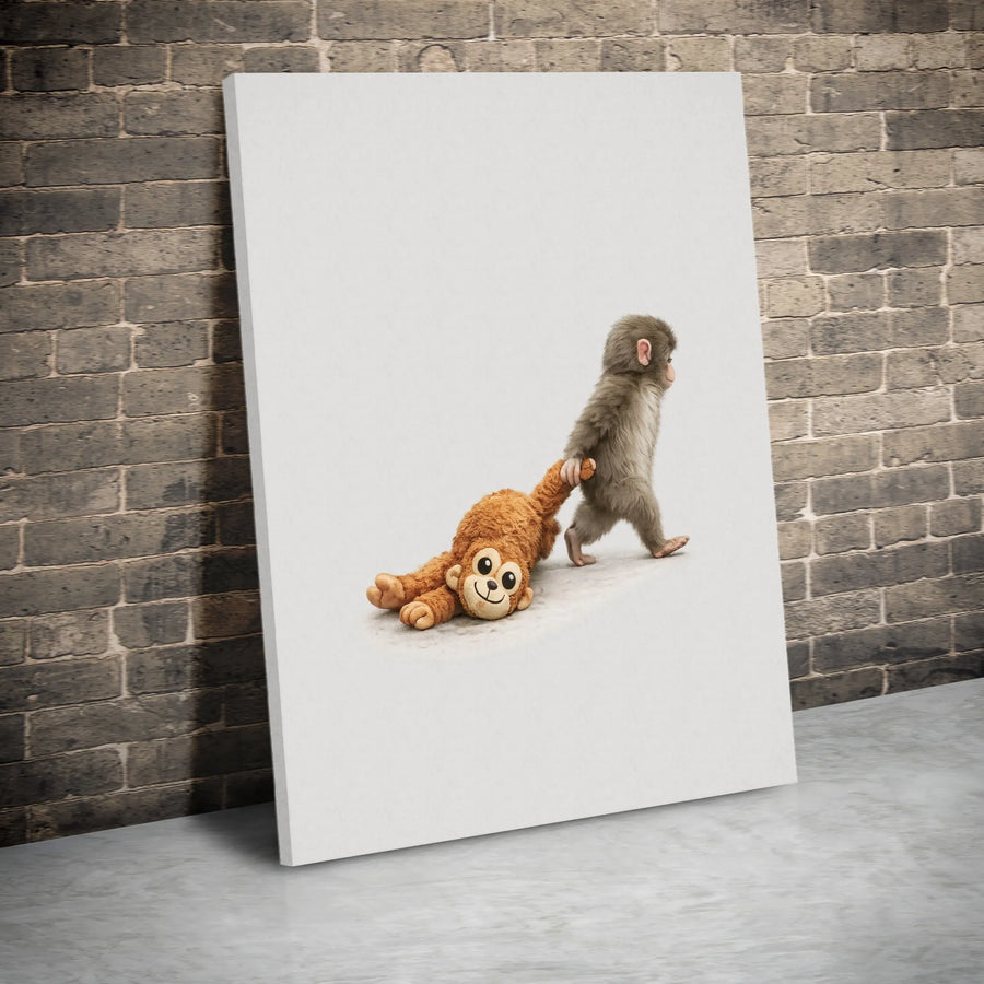 Baby Monkey Canvas Wall Art | Funny Animal Dragging Stuffed Toy | Premium Thick Gallery Wrap | Unique Nursery Decor Gift for Kids