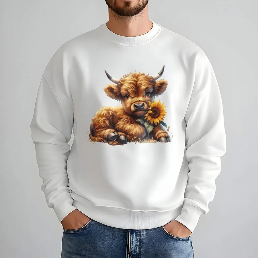 Highland Cow Sweatshirt | Cute Baby Cow Sunflower Design | Premium Cotton Blend | Farmhouse Western Aesthetic Gift for Animal Lovers