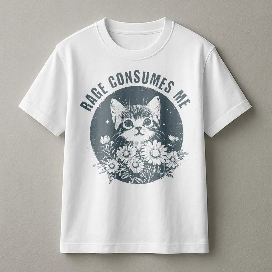 Rage Consumes Me Cat T-Shirt | Funny Kitten with Daisies Graphic Tee | Soft Cotton Meme Shirt | Sarcastic Humor Gift for Women & Cat Lovers