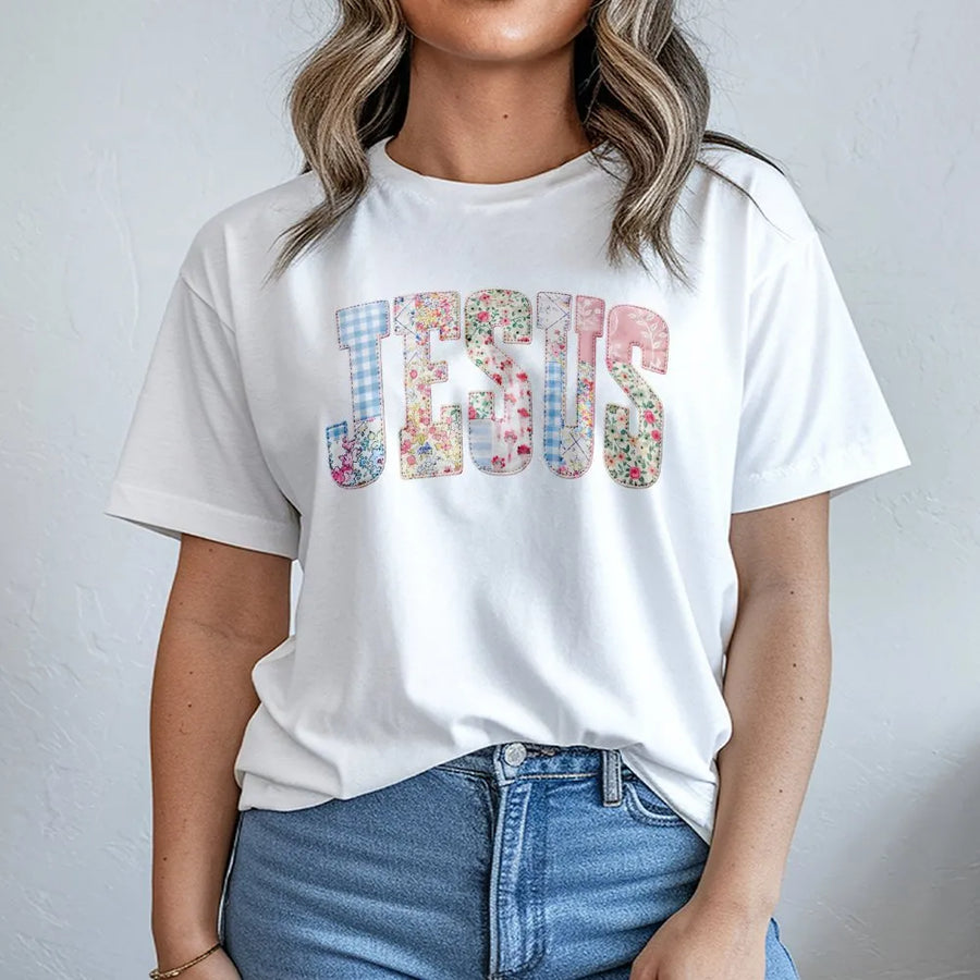 Jesus T-Shirt | Floral Gingham Patchwork Letters | Premium Soft Cotton | Christian Faith Gift for Women
