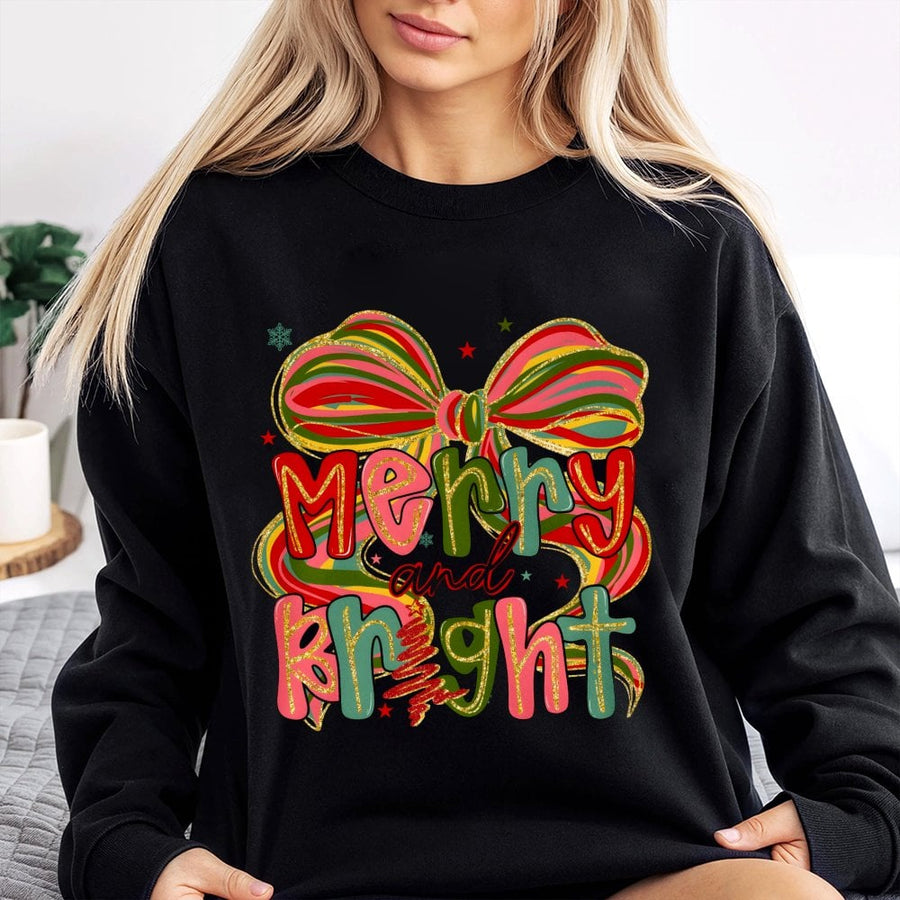 Merry and Bright Sweatshirt | Preppy Coquette Christmas Bow Design | Premium Cotton Blend | Festive Holiday Gift for Women