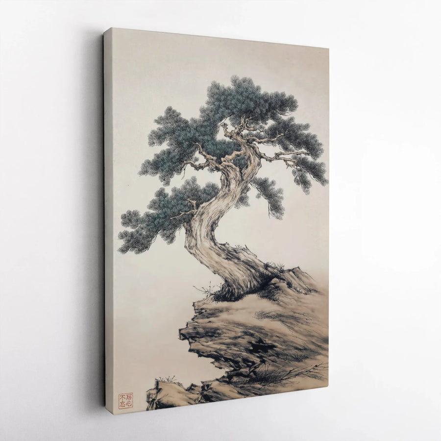 Chinese Pine Tree Wall Art | Ink Wash Style Bonsai Cliff Canvas | Gallery Wrapped Premium Print | Zen Home Decor Gift