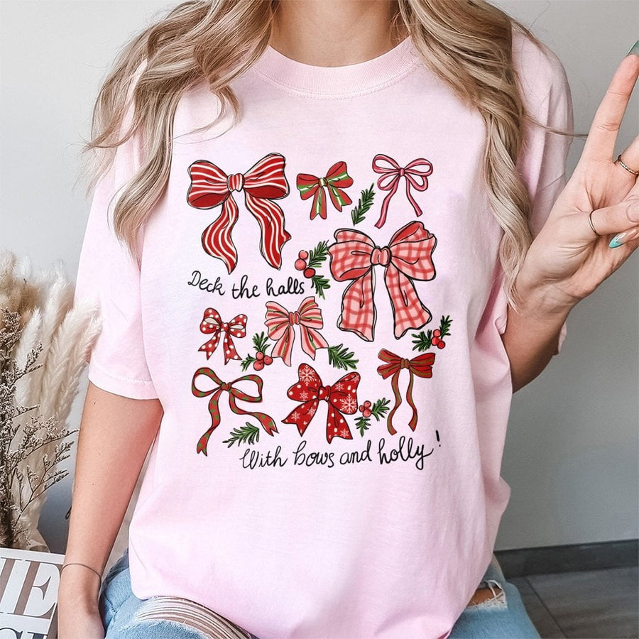 Christmas Bows T-Shirt | Festive Holiday Holly Pattern | Premium 100% Cotton | Cute Xmas Graphic Gift For Women And Girls