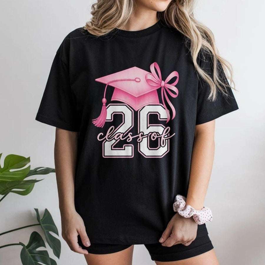 Class of 2026 Graduation T-Shirt | Pink Bow Academic Cap Graphic | Soft Premium Cotton Tee | Perfect Senior Year High School Gift