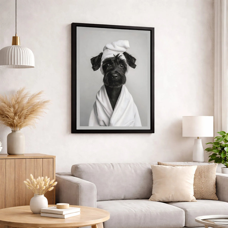 Schnauzer Dog Wall Art | Funny Bathrobe Spa Portrait | Premium Gallery Wrapped Canvas | Whimsical Bathroom Home Decor Gift
