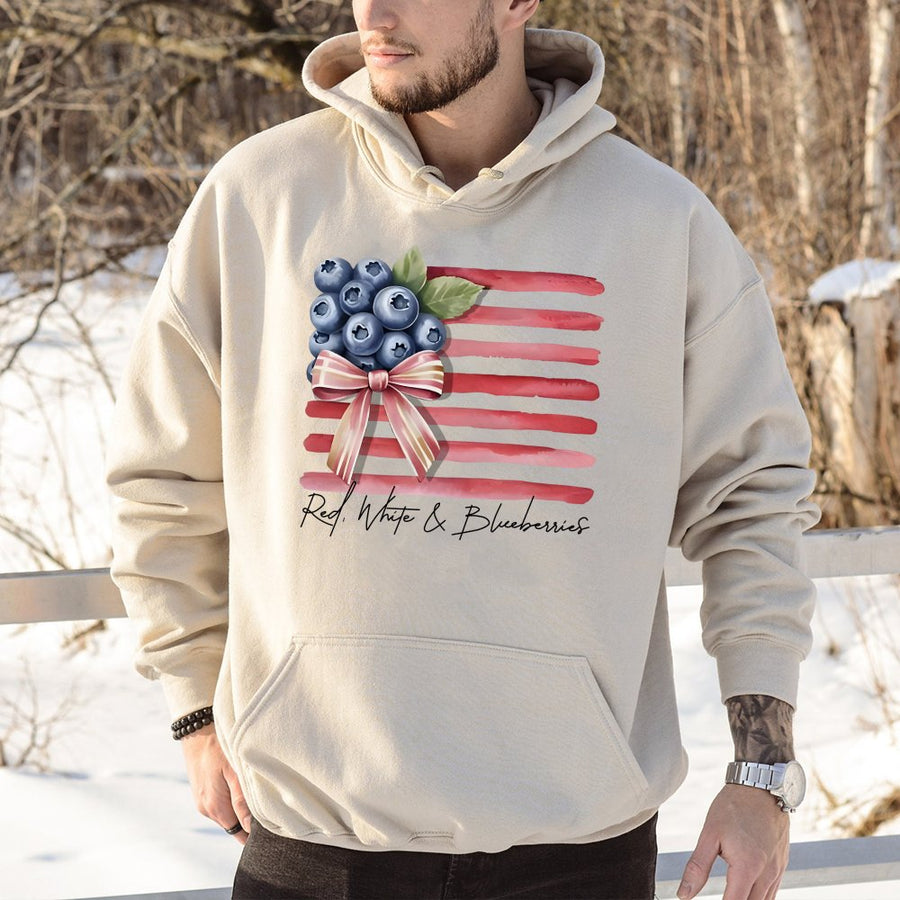 Red White and Blueberries Hoodie | Patriotic Watercolor Flag Graphic | Soft Cotton-Polyester Blend | July 4th Independence Day Gift for Adults