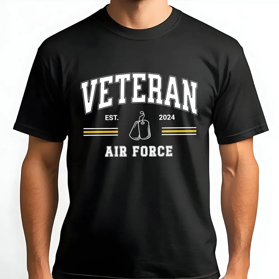 US Air Force Veteran T-Shirt | Varsity Athletic Style Dog Tags | Premium Soft Cotton | Retirement Gift for Air Force Veteran Men and Women