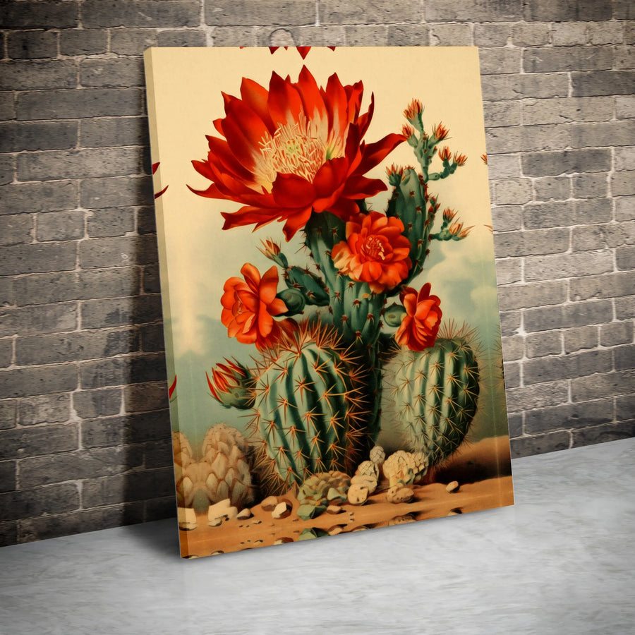 Blooming Red Cactus Canvas Art | Vintage Botanical Desert Illustration | Premium Gallery Wrapped Print | Southwestern Home Decor Gift