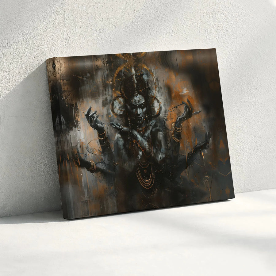 Dark Abstract Hindu Deity Canvas Art | Multi-Armed God Spiritual Wall Decor | Premium Gallery Wrap Print | Meditative Home Office Gift