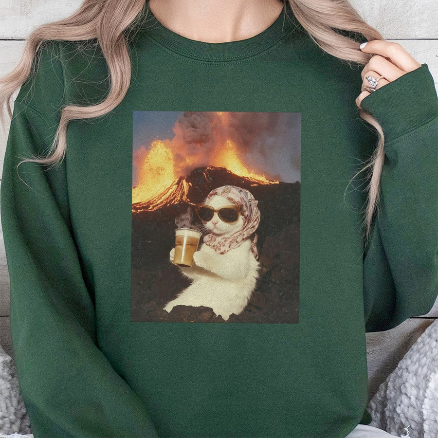 Funny Cat Sweatshirt | Chill Cat Drinking Coffee in Volcano Graphic | Premium Cotton Blend Crewneck | Viral Meme Gift for Cat Lovers