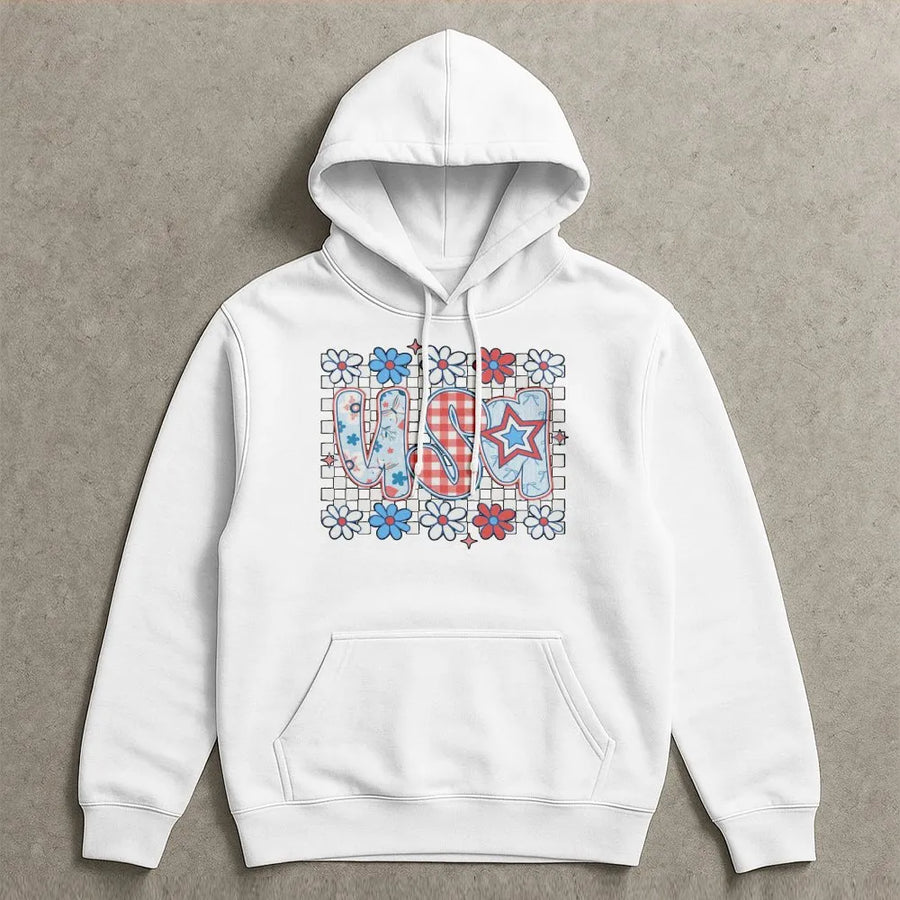 Patriotic USA Hoodie | Coquette Floral Checkerboard Graphic | Soft Cotton Blend | Preppy 4th of July Gift for Women