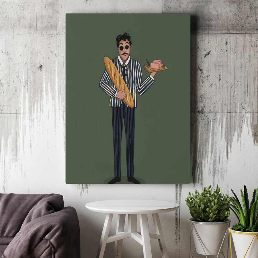 French Man With Baguette Canvas Art | Quirky Bistro Kitchen Wall Decor | Premium Gallery Wrap Print | Whimsical Foodie Gift Idea