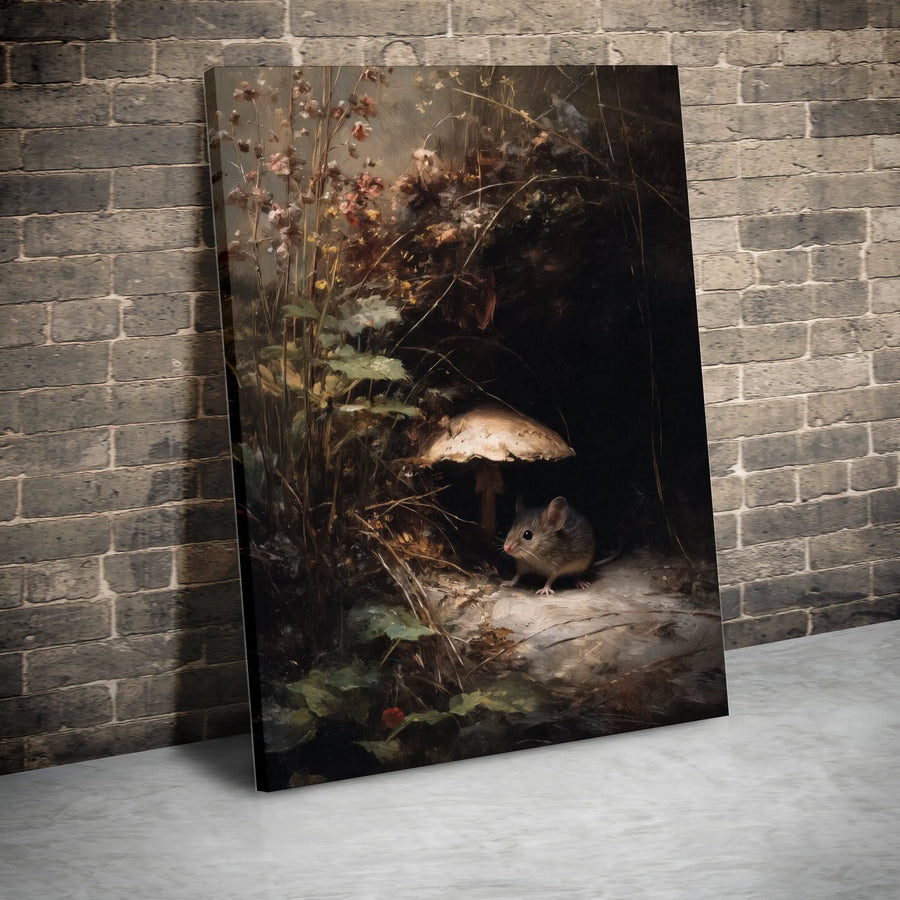 Vintage Mouse Painting Canvas Wall Art | Moody Forest with Mushroom | Premium Canvas Print | Dark Academia & Cottagecore Home Decor Gift