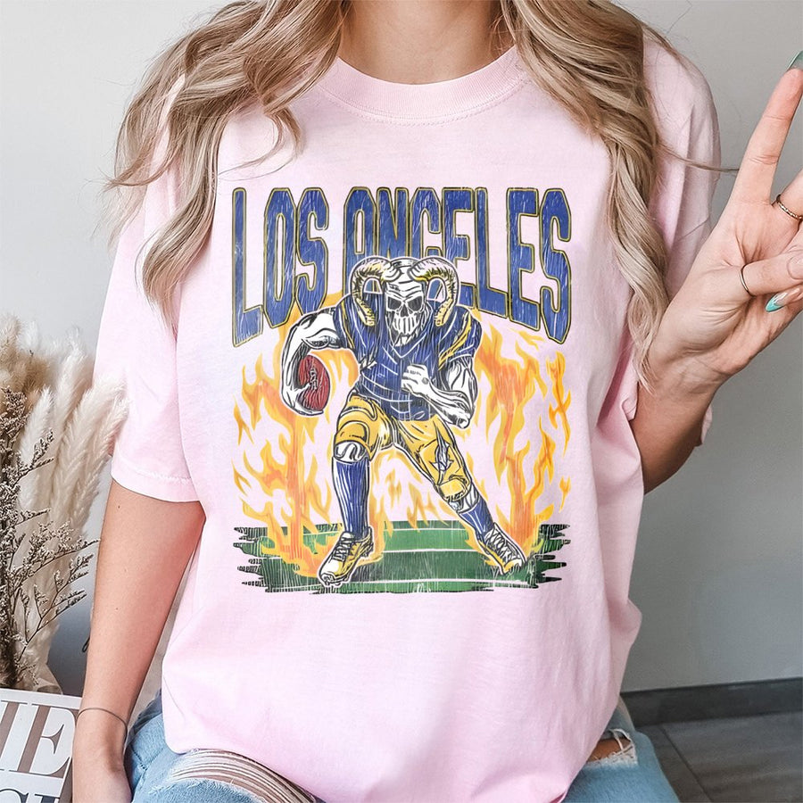 Los Angeles Rams Skeleton Football Player With Flames T-Shirt