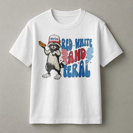 Red White and Feral Raccoon T-Shirt | Funny Patriotic USA Graphic Tee | Premium Cotton Casual Wear | 4th of July Independence Day Gift