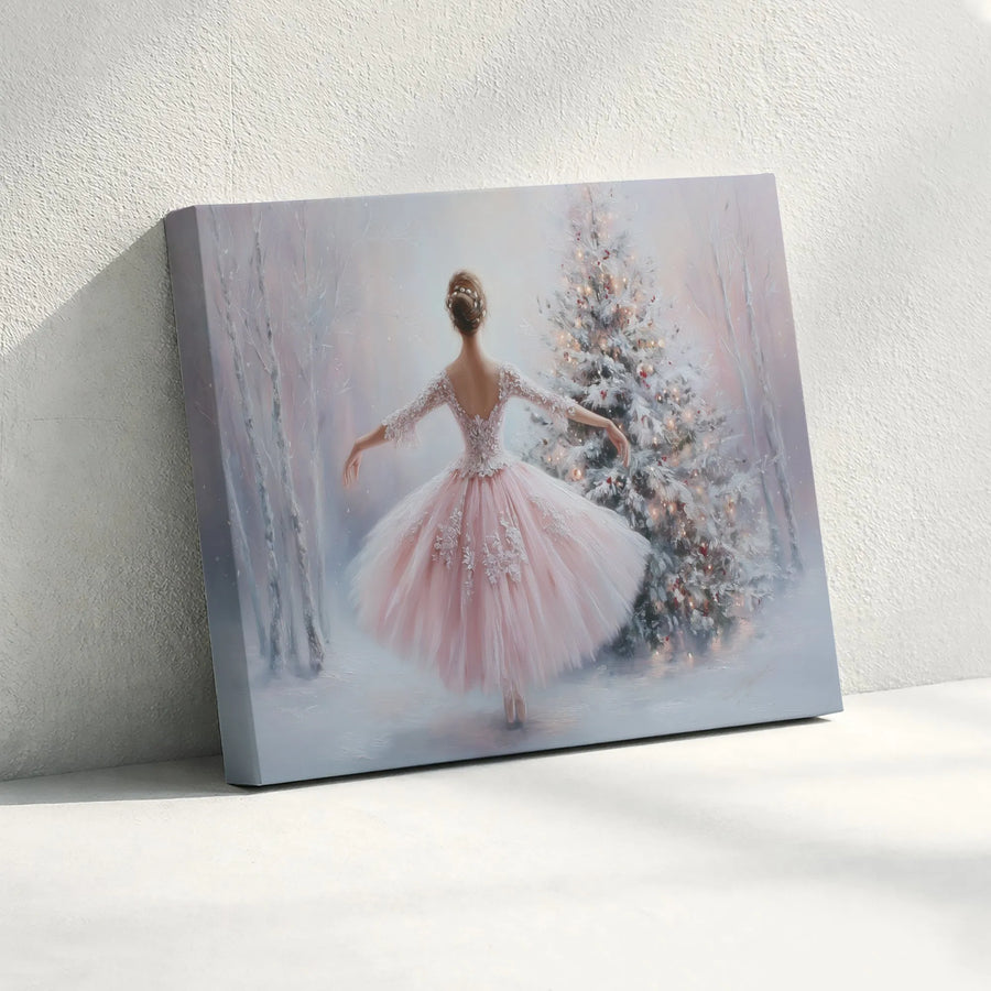Ballerina Christmas Wall Art | Pink Tutu Dancer in Snowy Forest | Premium 1.25" Gallery Canvas | Elegant Holiday Home Decor Gift