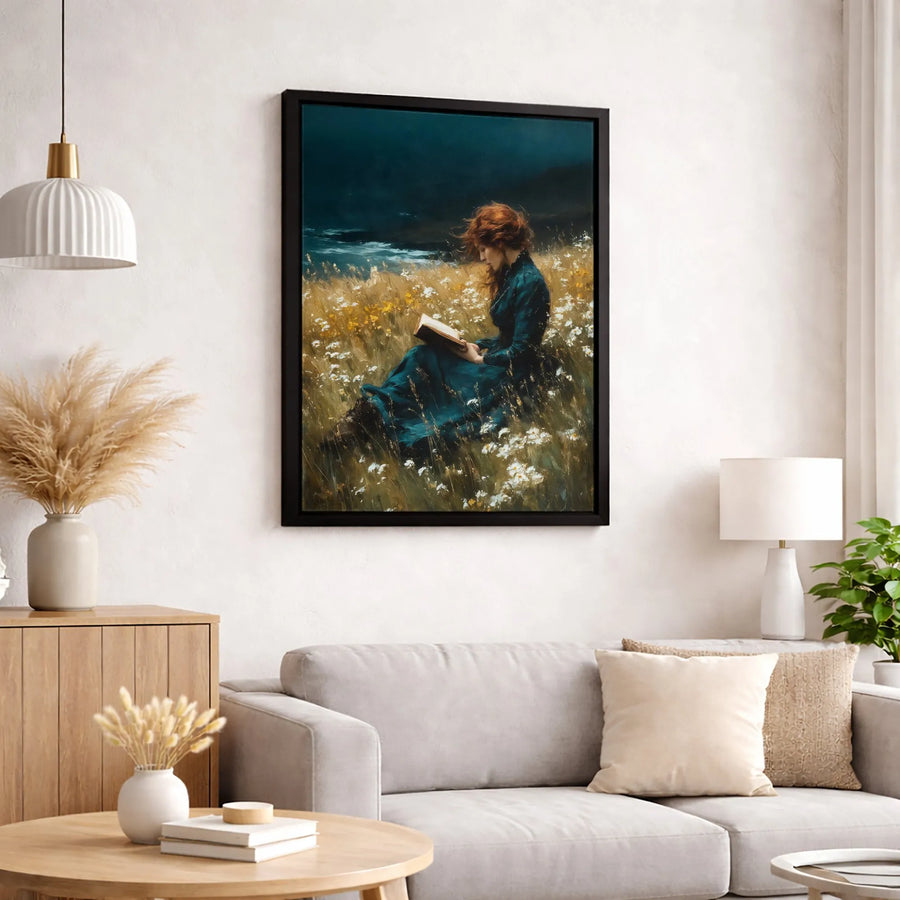 Woman Reading Book in Wildflower Field Canvas Wall Art | Moody Impressionist Landscape | Premium Gallery Wrapped | Gift for Book Lovers