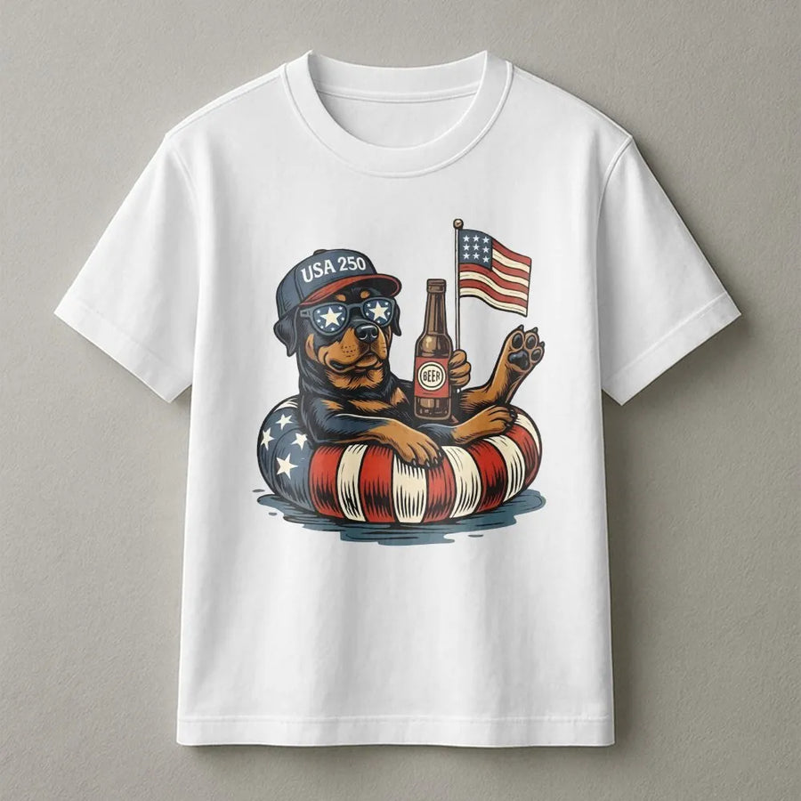 Patriotic Rottweiler T-Shirt | Funny USA 250th Anniversary Dog Graphic | Premium Cotton Tee | Fourth of July Gift for Men