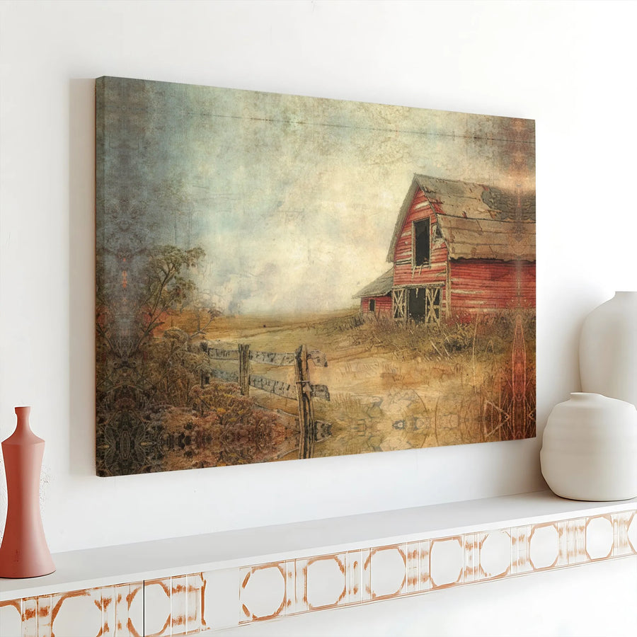 Rustic Red Barn Canvas Print | Vintage Country Farmhouse Wall Art | Premium Fade-Resistant Gallery Wrap | Decorative Landscape Gift for Home