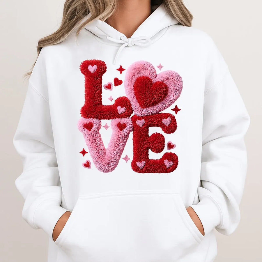 LOVE Graphic Hoodie | Faux Yarn Knit Texture Design | Premium Cotton Blend Cozy Sweatshirt | Romantic Valentines Day Gift For Her