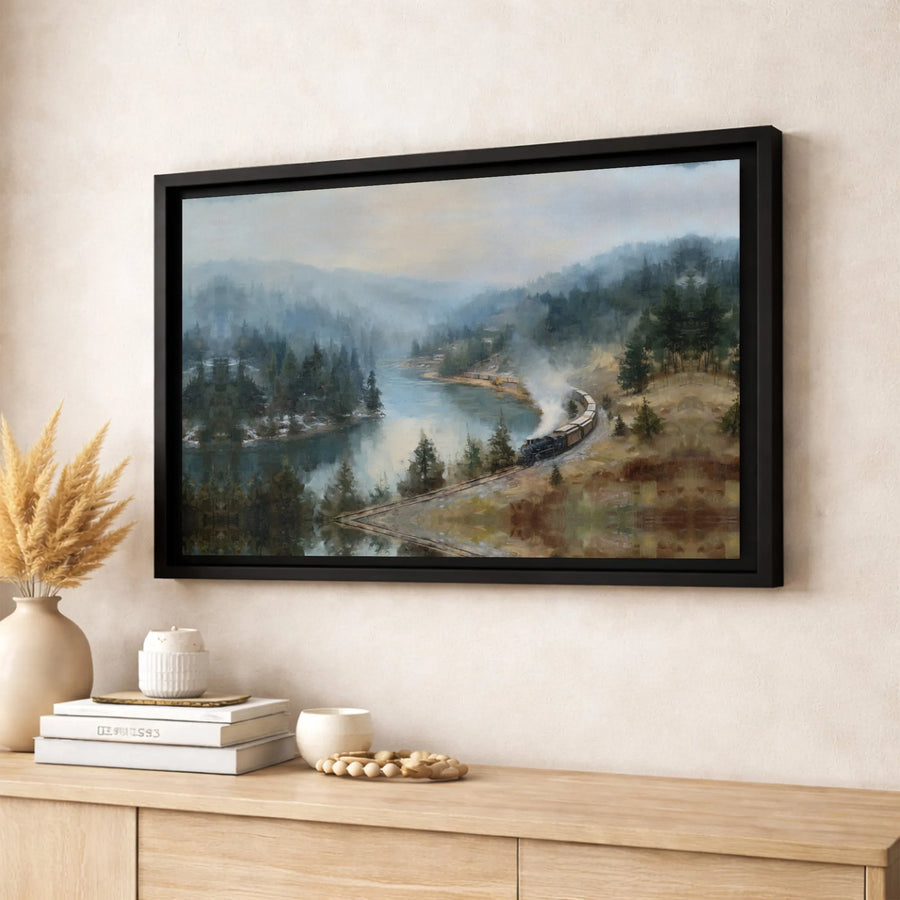 Steam Train Wall Art | Misty Mountain River Forest Canvas | Premium Gallery Wrapped Print | Vintage Landscape Decor for Home or Office