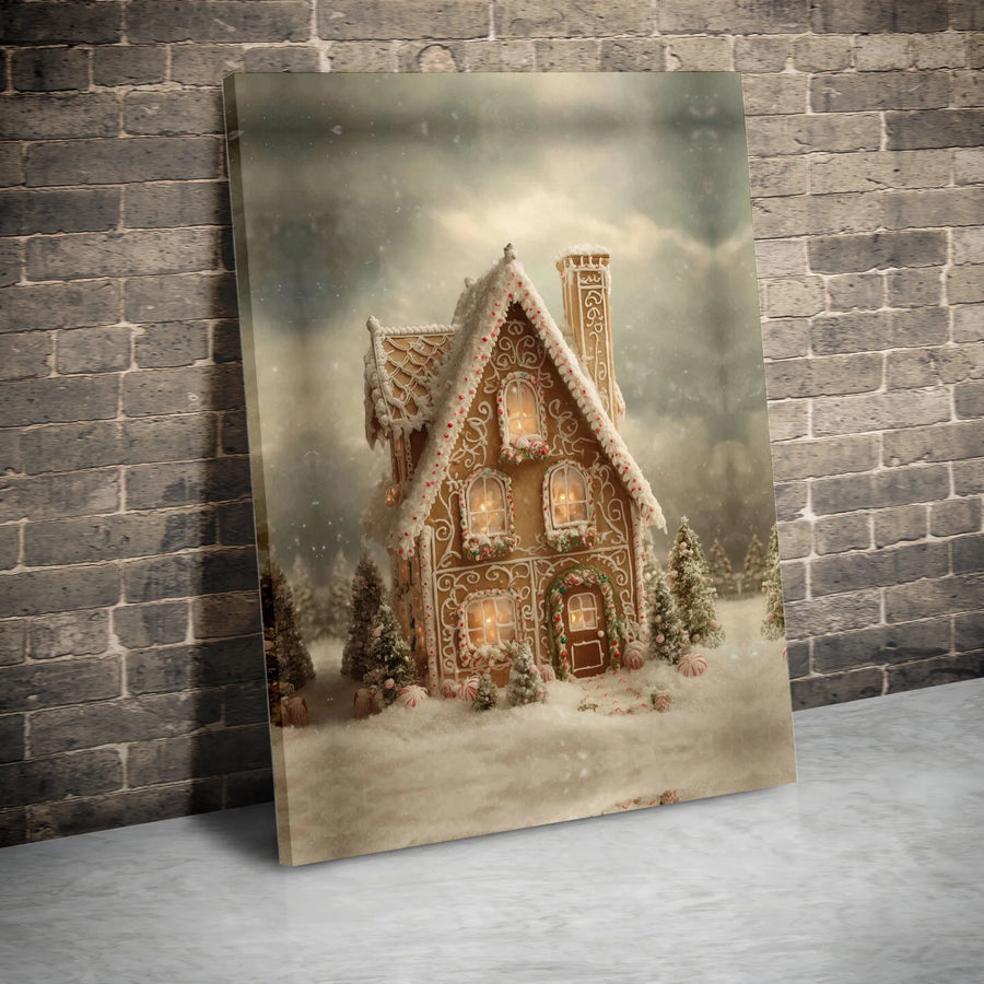 Christmas Gingerbread House Canvas | Snowy Winter Wonderland Decor | Gallery Quality Premium Print | Festive Holiday Wall Art Gift