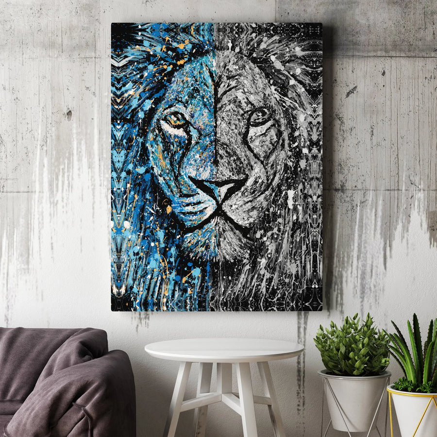 Abstract Lion Canvas Wall Art | Blue and Black Splatter Paint Design | Premium Gallery-Wrapped Print | Modern Home Decor Gift