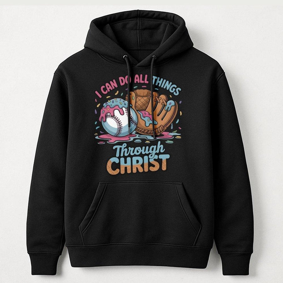 I Can Do All Things Through Christ Hoodie | Ice Cream Drip Baseball Graphic | Premium Cotton Blend | Faith-Based Inspirational Gift For Athletes