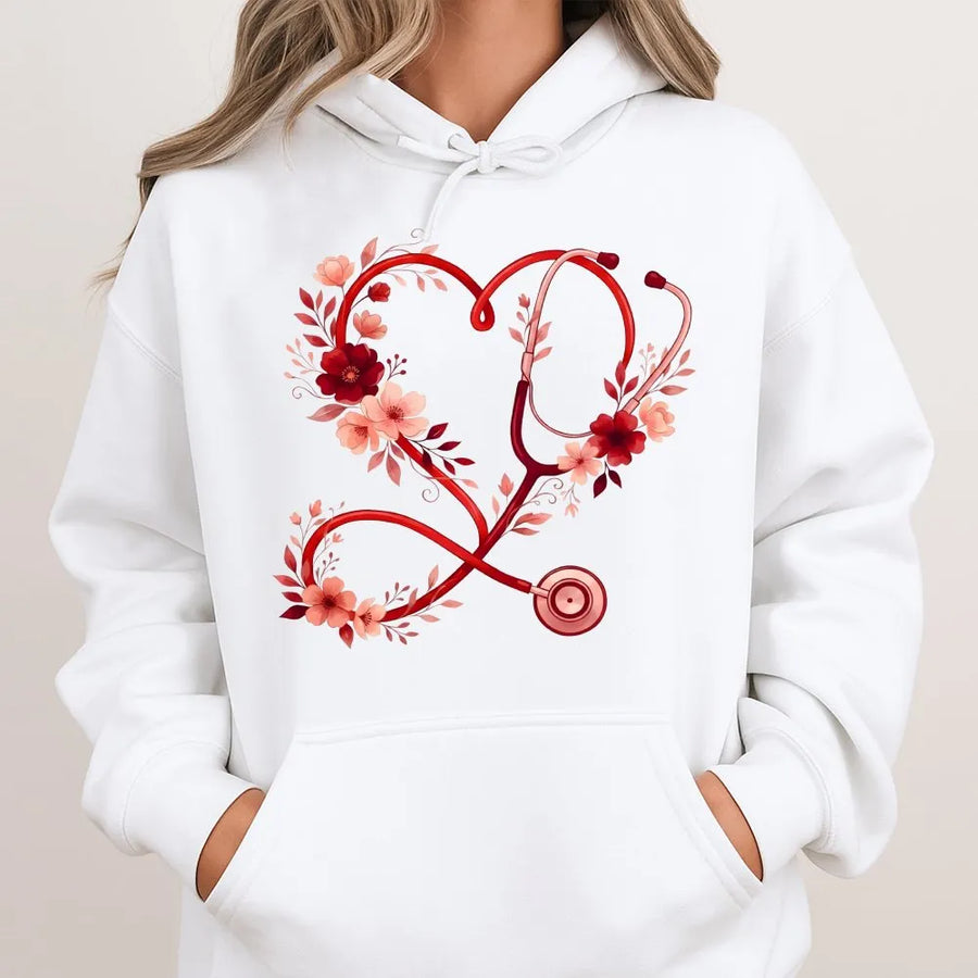 Nurse Stethoscope Hoodie | Floral Heart Medical Design | Premium Cotton Blend | Valentine's Day Gift for Nurses and Nursing Students