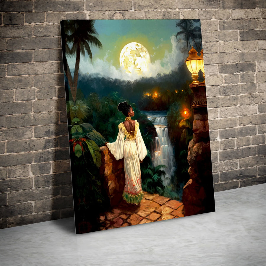 Black Woman Art Print | Moonlit Tropical Waterfall Scene | Gallery-Quality 1.25" Thick Canvas | Elegant Wall Decor for Living Room Gift