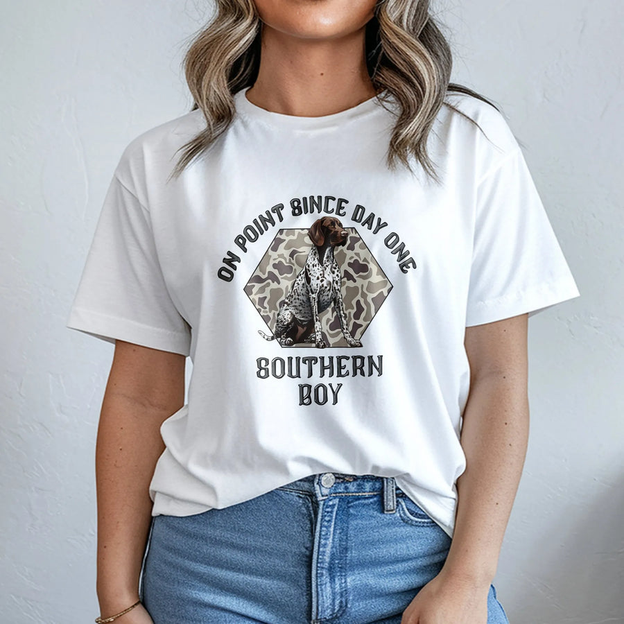 Pointer Dog T-Shirt | On Point Since Day One Camo Design | Premium Cotton Graphic Tee | Gift for Hunter & Southern Dog Lover