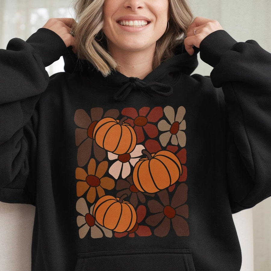 Boho Pumpkin Hoodie | Retro Floral Fall Graphic Sweatshirt | Premium Cotton-Blend Apparel | Thanksgiving Gift for Women & Teens