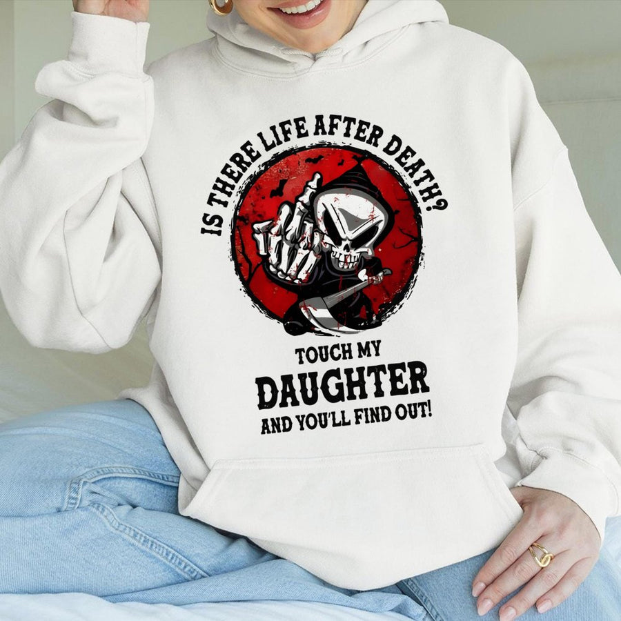 Grim Reaper Hoodie | Funny Dad Quote Graphic Sweatshirt | Soft Cotton Blend | Protective Father Gift for Daughter