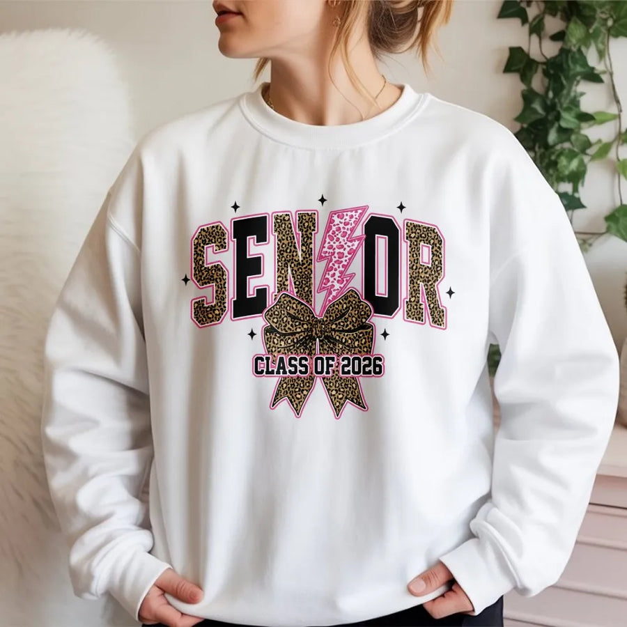 Senior 2026 Sweatshirt | Leopard Print Bow & Lightning Bolt Graphic | Premium Cotton Blend | Graduation Gift for High School Seniors
