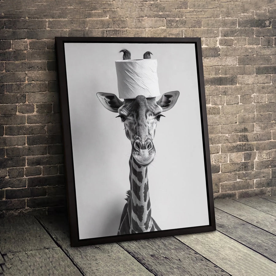 Funny Giraffe Toilet Paper Wall Art | Black and White Bathroom Decor | Premium Gallery Wrap Canvas | Quirky Animal Home Gift