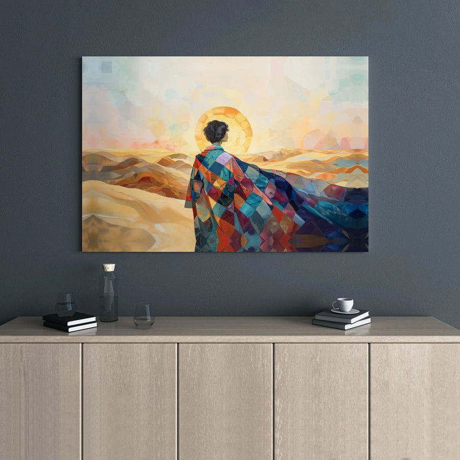 Desert Sunrise Canvas Wall Art | Abstract Figure With Patchwork Cloak | Premium Gallery-Wrapped Print | Modern Home & Office Decor Gift